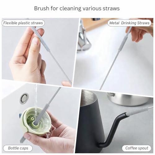 Silicone Bottle Brush & Silicone Straw Cleaner Set – 12.5” Long Handle, Flexible, Odor-Resistant, Dishwasher Safe – for Water Bottles, Baby Bottles, Tumblers & Straws (Grey)