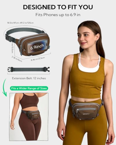 WATERFLY Small RFID Fanny Pack: 1.5L Waist Bag 12" Extender Belt for Hiking - color: Brown