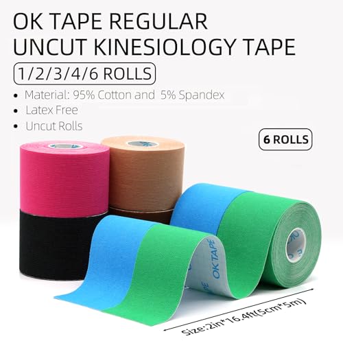 OK TAPE Kinesiology Tape (6 Pack) Latex Free Cotton Uncut 2in x 16.4ft - color: Mixed Color, size: 6 Rolls