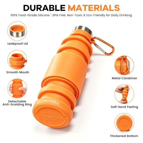 Nefeeko Collapsible Water Bottle, Reuseable BPA Free Silicone Water Bottles - color: Orange-18oz