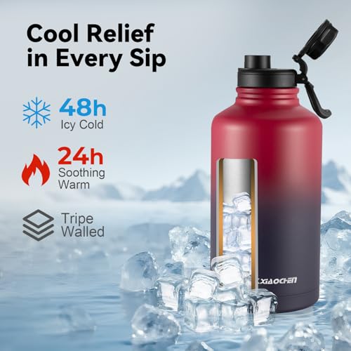 KXIAOCHEN Insulated Water Bottle with Strap, 48-Hour Cold, 2 Lids - color: Dark Rainbow-B, size: 64 Ounces