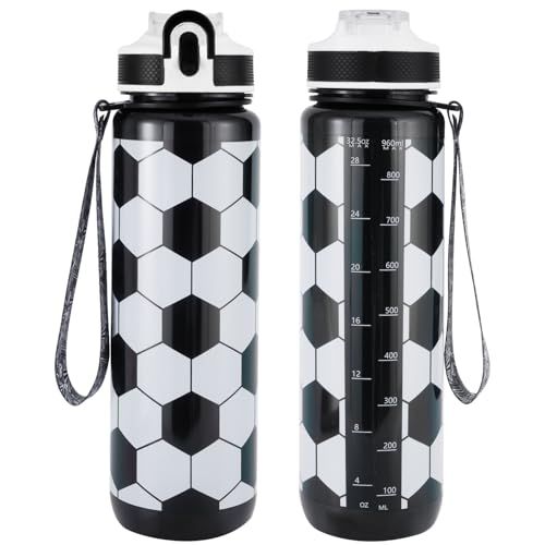 EYQ 32oz Water Bottle with Straw, Sports Bottle with Time Marker - color: soccer