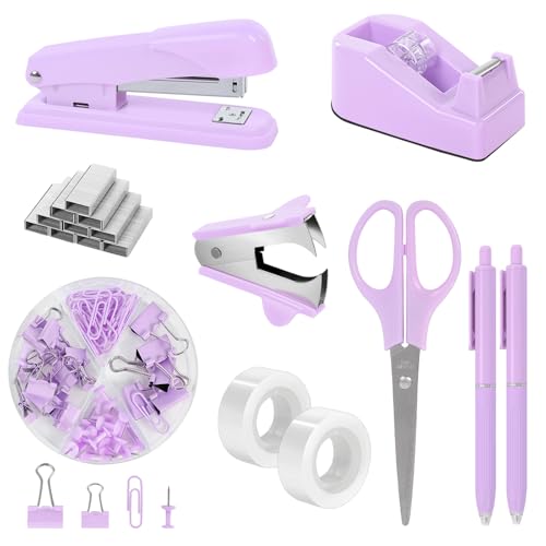 SKYDUE Purple Desk Accessories, Stapler and Tape Dispenser Set,10PCS - color: Purple
