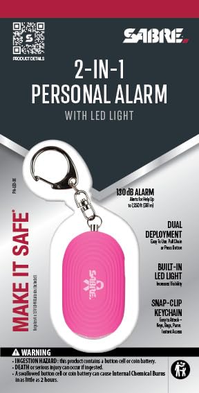 SABRE 2-in-1 Personal Alarm with LED Light, 130dB Personal Safety Siren, Snap Hook for Instant Access, 1,250 Foot (381 Meters) Range, Compact Design for Easy Attachment to Purse, Bag, or Keys - color: Pink