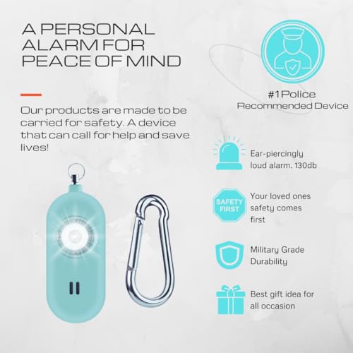 Rechargeable Personal Safety Alarm for Women. 130dB Siren. Ear-Piercingly Loud w/ Flashing LED Strobe Light Siren Keychain (Aqua) - color: Aqua