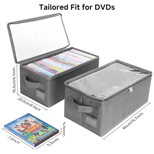 DVD Storage Box – DVD Case with Clear PVC Lid – DVD Shelf Organizer for 25 Standard DVD Cases – Foldable & Stackable Media Storage Solution – 4Pack(Gray) - size: DVD-4Pack