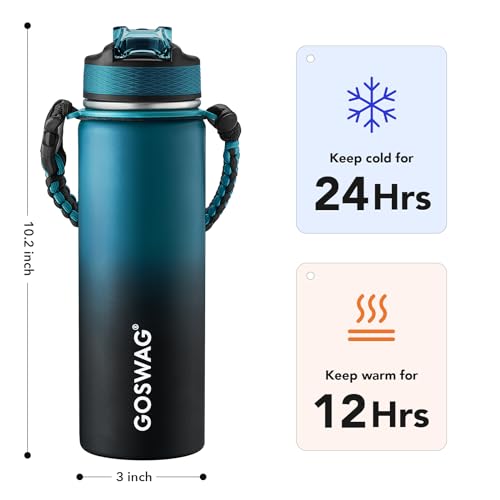 GOSWAG 24oz Insulated Stainless Steel Travel Water Bottle, 2 Lids - color: Navy Blue-Black Ombré