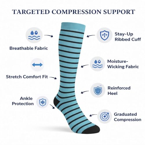 Diamond Star 6 Pairs Compression Socks for Men & Women, Knee High Socks - color: 6 Pairs (Teal/Black)