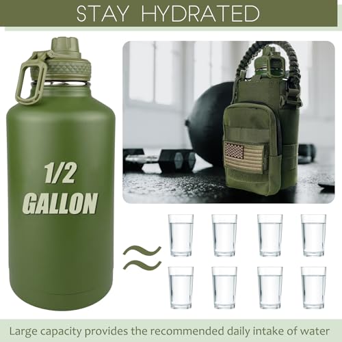DEFUNX 64 Oz Insulated Water Bottle with Sleeve (All Military Green) - Half Gallon Water Jug with Handle - Stainless Steel Sports Water Bottle for Gym Workout Hiking Tactical Bottle with Pouch - color: Green Bottle with Military Green Sleeve, style: 64 Oz