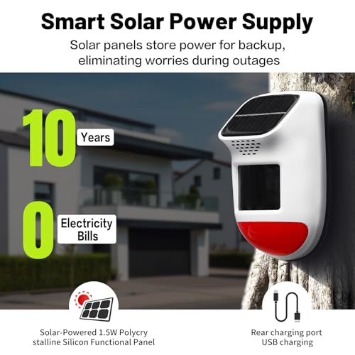 Solar Motion Sensor Alarm - 120dB IP65 Waterproof Security Siren with Remote & Strobe Light, 3 Modes for Yard/Farm/Home, 5-8m Pet-Friendly Detection (Animal Sound (Or You can add Your own Voice))