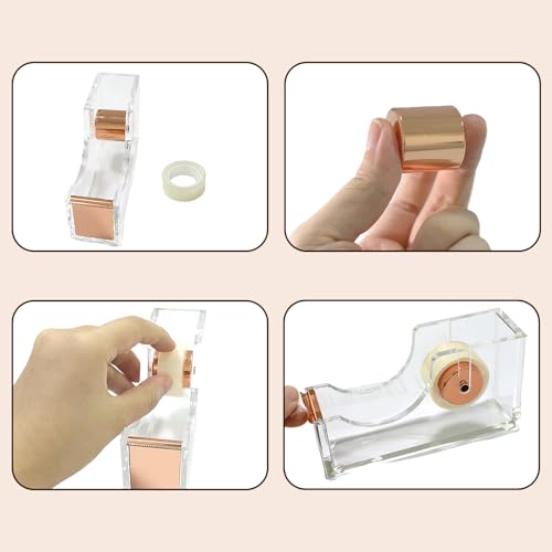 Rose Gold Clear Acrylic Tape Dispenser, Heavy Duty Non-Slip Desk Tape Dispenser with Serrated Stainless Steel Blade, Single Hand Dispensing Tape Holder for Office Home School Gift Wrapping - color: Rose Gold