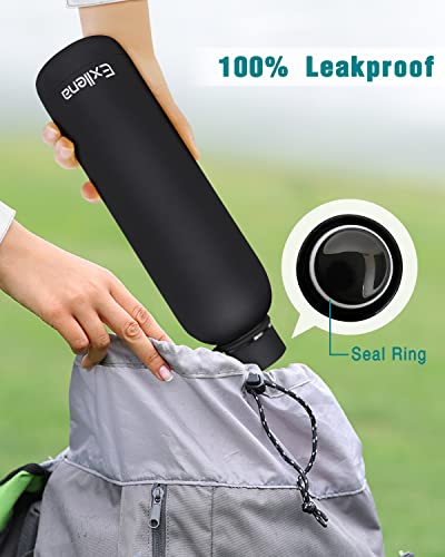 Exllena Slim Insulated Water Bottles for Travel 32oz with Clip, Double Wall Vacuum Stainless Steel Water Bottle Keeps Drinks Cold 24 Hrs/Hot 12 Hrs, 100% Leakproof, BPA Free (Black) - color: Black, size: 1 L