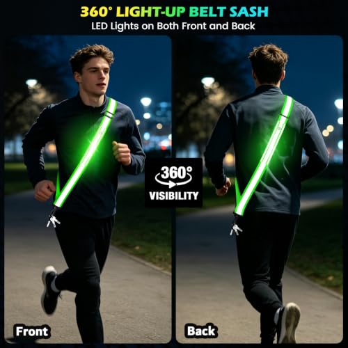 Fokia Kunbio LED Reflective Running Gear High Visibility Reflective Belt Sash with Armband for Walking at Night,Adjustable Running Safety Gear Light Up Running Belt for Runners Walkers Men Women - color: Green