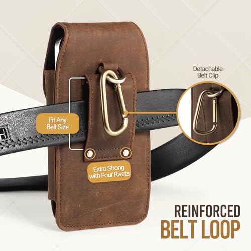Top Grain Leather Phone Holster Cell Phone Holster with Belt Clip/Loop, Phone Pouch Belt Holder Carrying Case Fits for iPhone 16 Plus 15 Plus Samsung Galaxy S26 Ultra S25 Edge (Retro Brown) - color: Retro Brown