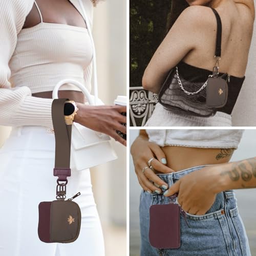 COOLANS Mini Wristlet Wallets Dual Pouch,Around Wristlet Handbag Wallet for Women Zip Cards Holder,Wristlet Bracelet Purse - color: Wine Red&brown