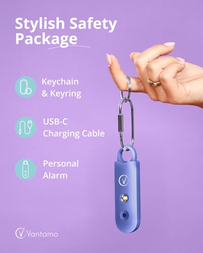 Vantamo Personal Alarm for Self Defense with Low Battery Notice, Strobe Light & Extra Loud 130 dB Double Speakers Safety Keychain Set for Women, Rechargeable Panic Button for Womens Self Defense - color: Metallic Sapphire