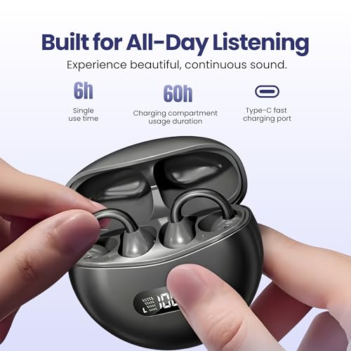 Clip On Earbuds, Open Ear Wireless Bluetooth 5.4 Headphones, Mic, Black