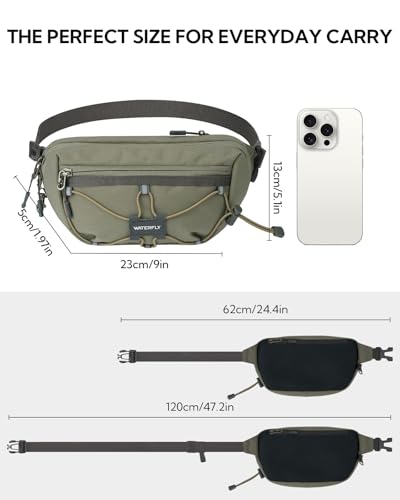 WATERFLY Small Fanny Pack RFID Blocking Travel Hiking Crossbody Waist Bag - color: Gray-Green