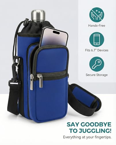 AUPET Water Bottle Sling Bag Sleeve Holder Carrier 25/32/40/64 oz,Insulated Crossbody Water Bottle Case Cover with Strap and Pockets for Men/Women Walking Hiking - color: dark blue, size: 64oz
