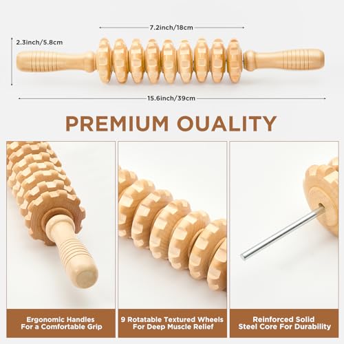Wooden Cellulite Muscle Roller for Legs and Thighs - Handheld Fascia Blaster Tool for Muscle Relief, Lymphatic Drainage & Body Sculpting - Anti Cellulite Massager for Women and Men (9 Wheel)