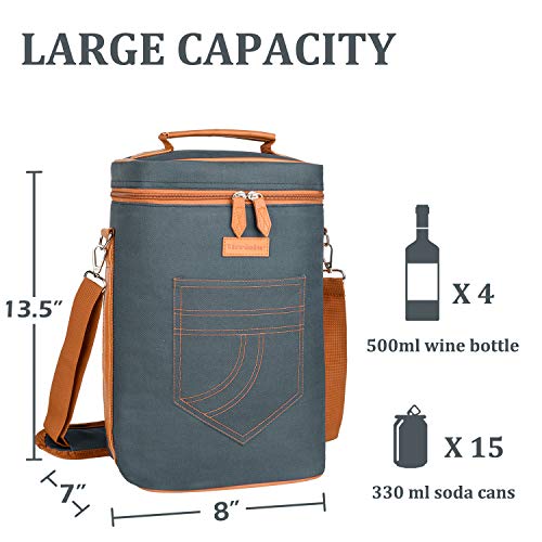 Tirrinia 4 Bottle Wine Gift Carrier - Gray, Padded, Insulated, Portable, Versatile, Stylish - color: Gray 2, size: 4 Bottle-without front pocket