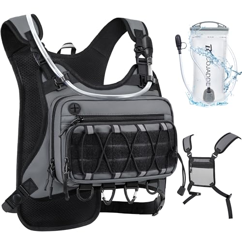 BECOJADDE Running Vest for Men with 2L Water Bladder Tactical Hydration Backpack Adjustable Lightweight Chest Pack for Marathon Hunting Cycling - color: Gray