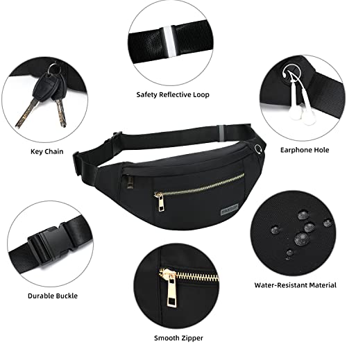 Fashion Cross body Fanny Pack Shoulder Bag for Women Men with Gold Zipper - color: Black(upgrade Fabric Gold Metal Zipper), size: Large