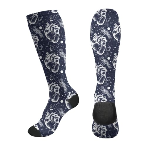 FREEHOTU Compression Knee High Socks for Women/Men Circulation 15-20 Mmhg - color: Anatomic Heart Among Galaxies