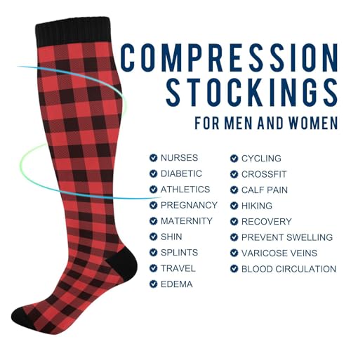 JUNZAN Buffalo Plaid Red Black Knee High Socks Compression Socks for Women Men Kid for Running Sports Nurse - color: Buffalo Plaid Red Black