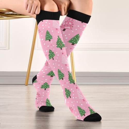 Snowflake Red Christmas Compression Sock for Women Men Funny Support Knee High Socks Running,Nurses,Travel - color: Christmas Trees Pink Polka