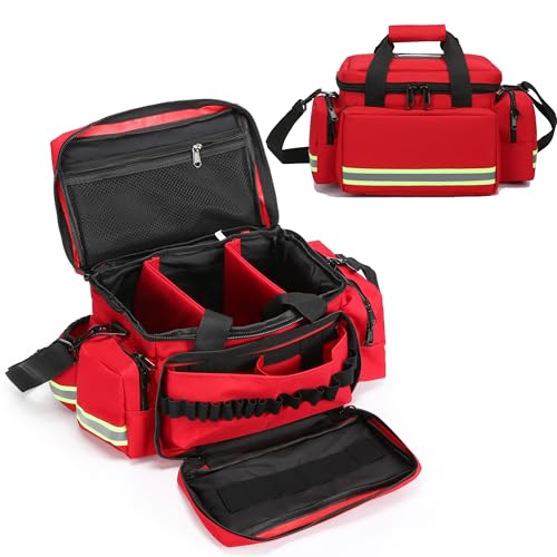 First Aid Bag Empty First Responder Bag,First Aid Kits Storage,Trauma Bag with Detachable Dividers, Medical Bag for Nurses,Ideal for EMT, EMS,Paramedics,Home Health Care(Bag Only) - color: Red