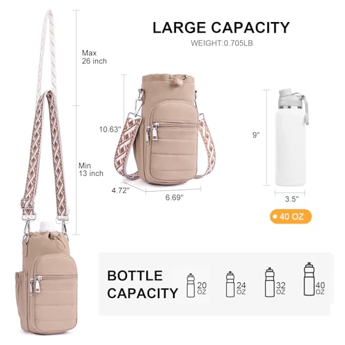 Water Bottle Bag 40 oz Crossbody Holder for Walking Hiking Insulated Carrier Purse with Adjustable Strap - color: Khaki