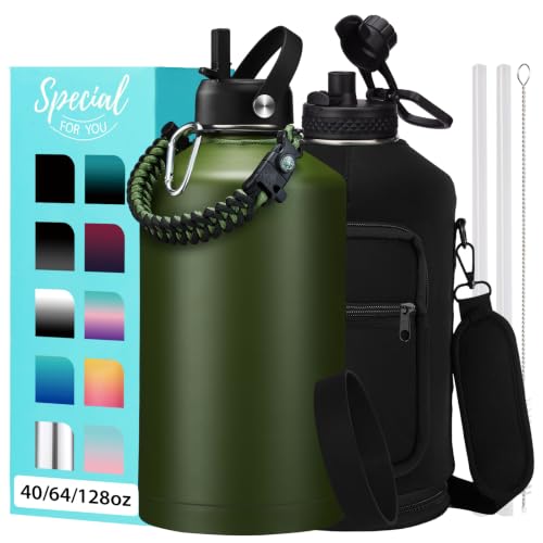 1 Gallon Insulated Stainless Steel Water Bottle with Carry Accessories - color: Army Green, size: 128 Ounces