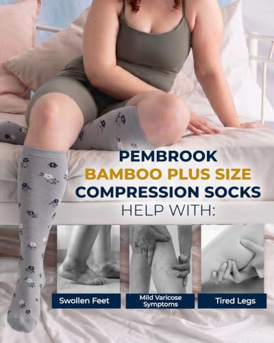 Pembrook® 3 Pairs Plus Size Compression Socks Wide Calf - Bamboo Viscose - color: Little Flowers - 3 Pairs, size: XX-Large
