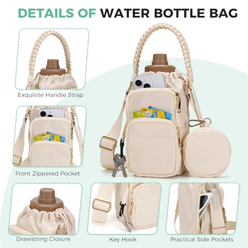 Crossbody Water Bottle Bag with Shoulder Strap for Women, Beige - color: Beige