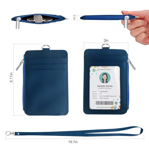 bolimoss 2-in-1 ID Badge Holder & Lanyard Wallet, Leather ID Badge Card Holder Wallet with 5 Card Slots, 1 Side Zipper Pocket,Detachable Keychain Lanyards for Office Worker School Teacher, Navy Blue - color: Navy Blue