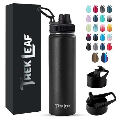 Travel Water Bottle with 3 Lids (Spout, Straw, Flip) Leak Proof, Quality, Vacuum Insulated, Stainless Steel (Black, 22 oz) - color: Black, size: 22 Ounces