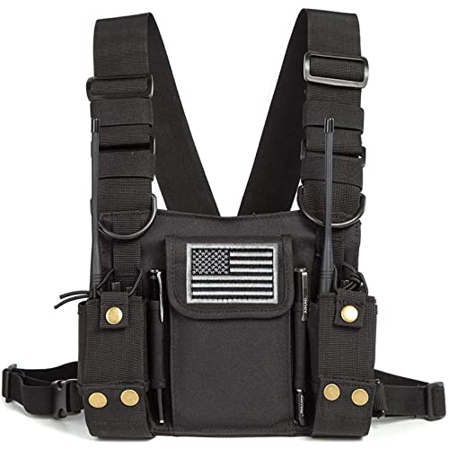 Radio Shoulder Holster Chest Harness Holder Vest Rig for Two Way Radio Chest Front Pack Pouch Walkie Talkie Case with Front Pouches for Kenwood Arcshell Retevis Baofeng UV-5R F8HP UV-82 - color: black