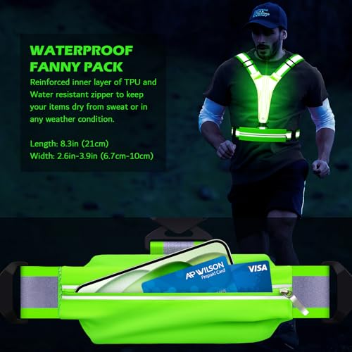 LED Reflective Vest Running Gear, USB Rechargeable Light Up Running Vest Chest Phone Holder for Runners Night Walking - color: Green