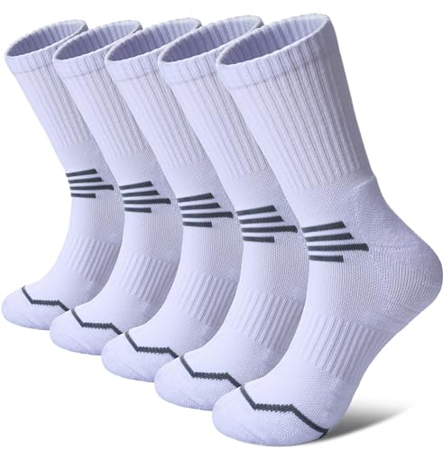FNOVCO Women's Hiking Walking Running Crew Socks Thick Cushioned Athletic Compression Socks 5 Pairs - color: White, size: 9-11