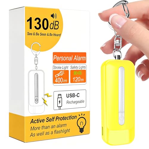 Personal Alarm for Women, Rechargeable with Safety Lights & Low Battery Notice, 130dB Siren with Extra Bright LED Flashlight Strobe Light for Emergency, Dual Light Sources Safety Keychain - color: yellow