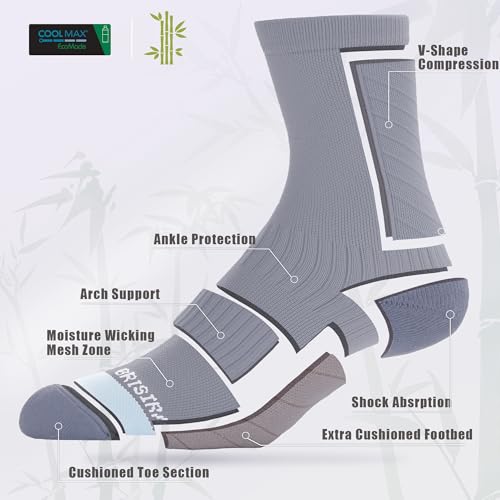 BRISIRA Coolmax Bamboo Viscose Compression Running Crew Socks Women - color: 3 Pairs Light Grey, size: 8-10