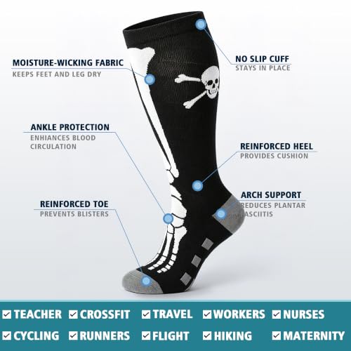 3/4 Pairs Wide Calf Compression Socks for Women Men 20-30 mmHg Knee High - color: 4 Pairs Skull, size: 3X-Large