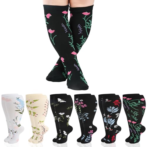 Jspupifip 6 Pairs Plus Size Compression Socks for Women, Wide Calf - color: Black White Beige, size: XX-Large