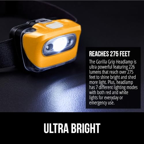 GORILLA GRIP Ultra Bright High Lumens LED Head Lamp, 7 Light Modes Water Resistant IPX4 Headlamp, Adjustable Headband, Battery Powered Outdoor Running, Camping Forehead Flashlight Lamps, 1 Pack Orange