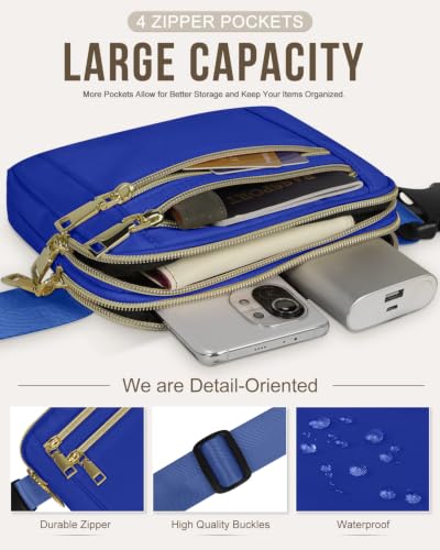 Capolo Fanny Packs for Women 4 Zip Pocket Crossbody Belt Bag Waist Bags - color: Blue, size: Medium
