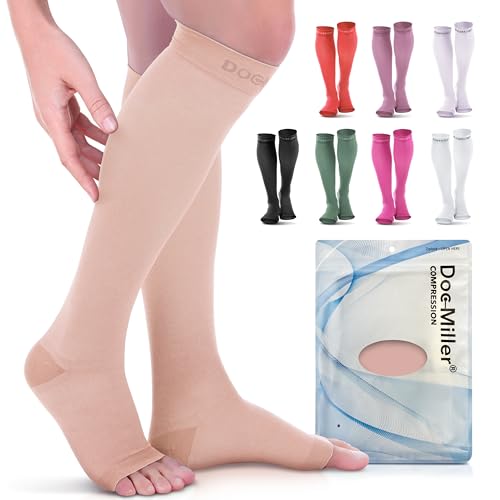 Doc Miller Open Toe Compression Socks, 20-30 mmHg, Knee High, Men & Women - color: Skin/Nude, size: Medium