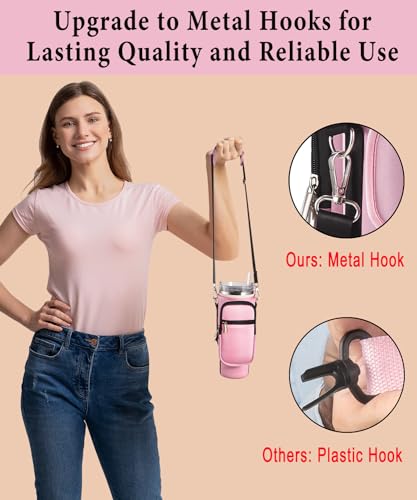 Water Bottle Carrier Bag for Stanley Cup 40 oz with Phone & Storage Pockets - color: Pink