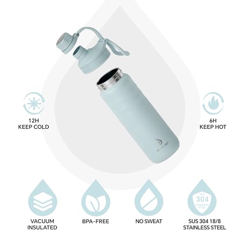 IDEUS 24oz Stainless Insulated Bottle with 2 Leak-Proof Lids, Light Blue - color: Light Blue, size: 24 Ounces
