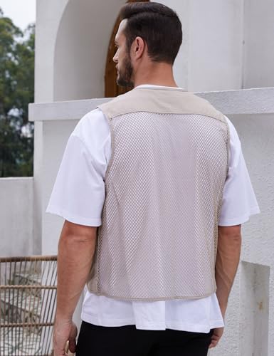 Gihuo Men's Utility Vest Fishing Safari Vest Summer Travel Vest with Pockets - color: Beige 02, size: Large